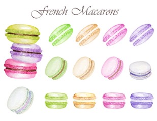 Hand drawn watercolor french macaron cakes, bright colors french pastry dessert. Isolated on white background colorful macaroon biscuits, sweet and beautiful dessert.