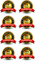 Money back guaranteed golden seal, stamp, badge, stamp, sign, label with red ribbon set/kit isolated on white background. 