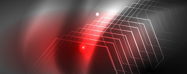 Shiny neon techno template. Neon lines background, 80s style laser rays