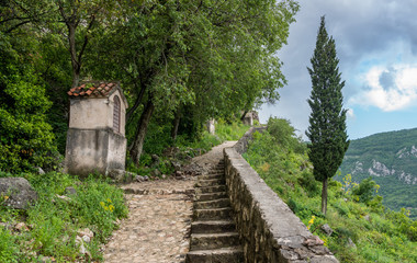 Steep pathway by Stations of the Cross above old town Kotor in Montenegro