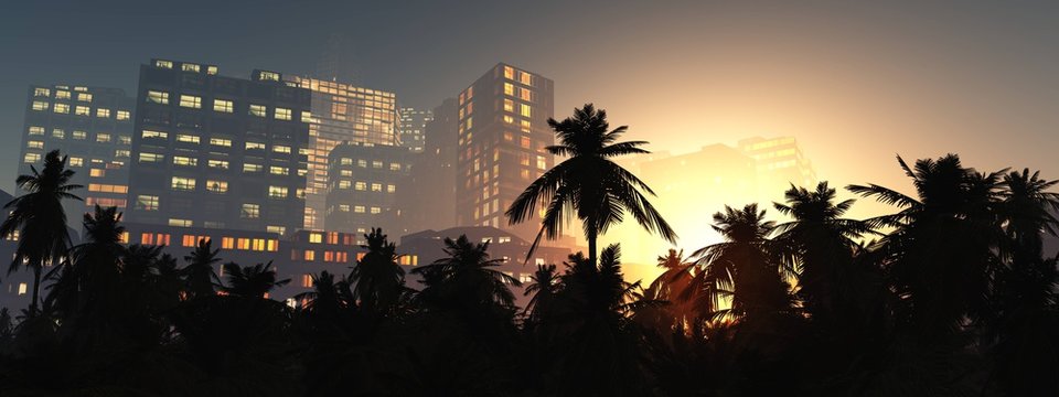 Palms And Skyscrapers In The Evening, Modern City With Palm Trees In The Evening, 3d Rendering