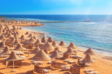 Sandy beach coast line with straw parasols umbrellas and blue sea. Travel destination for vacation concept. Sharm el Sheikh Egypt morning light with copy space - obrazy, fototapety, plakaty