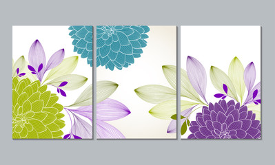 A set of 3 canvases for wall decoration in the living room, office, bedroom, kitchen, office. Home decor of the walls. Floral background with flowers of dahlias. Element for design. 