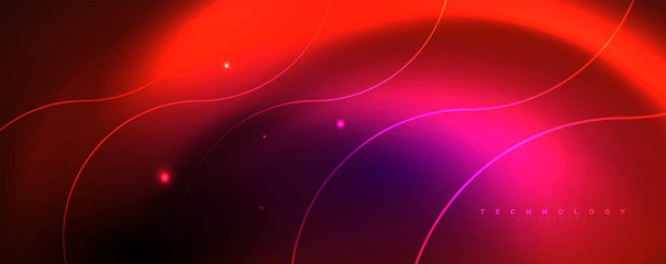 Shiny neon lights, dark abstract background with blurred magic neon light curved lines