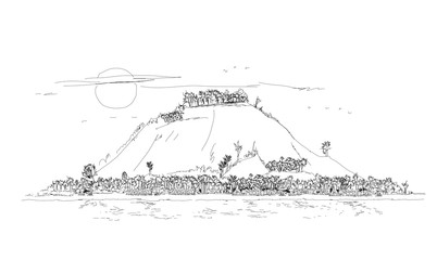 Idealic beach island. Beach line and mountain view in the warm tropical water. Sketch collection. 