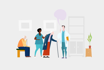 Doctors and nurses talking to the elderly patients in the hospital. Medical and health concept Illustration