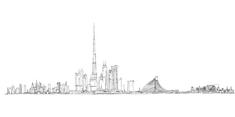 Dubai. Burj Khalifa, the city and Jumeirah beach hotel.  Sketch collection Illustration