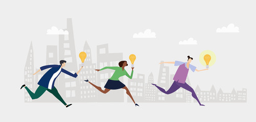 People running in the City and holding light bulbs as symbols of new ideas. Business background