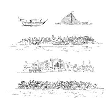 Dubai old boat, Jumeirah hotel and beach line with palms and umbrellas. Sketch collection