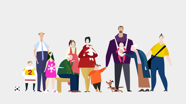 Big happy family illustration. Grand parents, grand children, mother and father and pets - dog and cat.