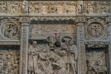 Avila, Spain - April 17, 2019. Interior of the Cathedral of Avila during the celebration of Holy Week in Spain. Biblical scenes in relief