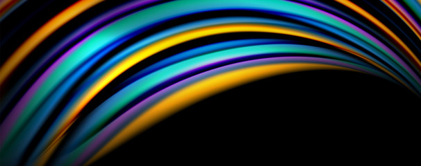 Fluid color rainbow style wave abstract background, techno modern design on black