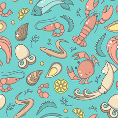 Seamless pattern with seafood elements in cartoon style