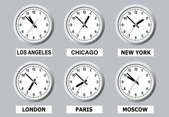 A board that shows the time in different cities of the world.