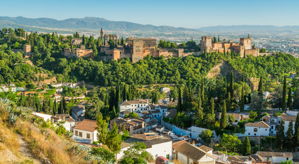 Panoramic sight of the Alhambra Palace and the Albaicin district in Granada. Andalusia, Spain.