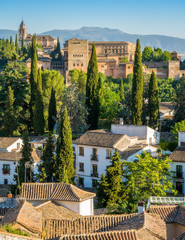 Panoramic sight of the Alhambra Palace and the Albaicin district in Granada. Andalusia, Spain. - obrazy, fototapety, plakaty