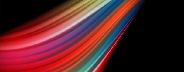 Abstract wave lines fluid rainbow style color stripes on black background. Artistic illustration for presentation, app wallpaper, banner or poster