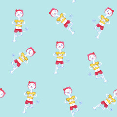 Seamless pattern with cartoon cat doing yoga. Symbol of a healthy lifestyle.