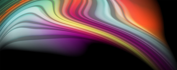 Modern rainbow liquid color flow colorful poster. Wave Liquid shape in black color background. Abstract composition
