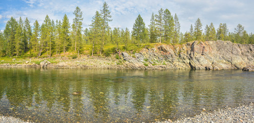 Obraz premium Panorama of the taiga river in the polar Urals.