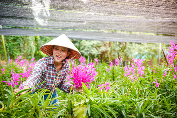 Lady gardener Wearing a Vietnamese sun hat Collect orchids for sale.