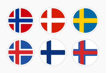 Flags of Northern Europe, Scandinavia, Set of vector round icon illustration on white background. National flags of Norway, Denmark, Sweden, Iceland, Finland, Faroe islands