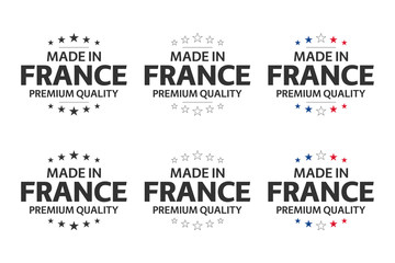 Set of six French icons, Made in France symbols, premium quality stickers, simple vector illustrations isolated on white background
