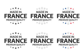 Set of six French icons, Made in France symbols, premium quality stickers, simple vector illustrations isolated on white background