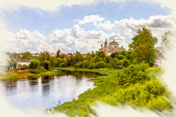 Fototapeta na wymiar City Torzhok. Cityscape. Bank of the river Tvertsa. Imitation of the picture