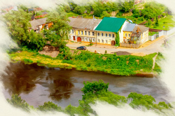 Fototapeta na wymiar Torzhok. House on the bank of the river Tvertsa. Imitation of the picture