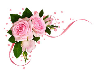 Pink rose flowers with green leaves and silk ribbons in a corner arrangement