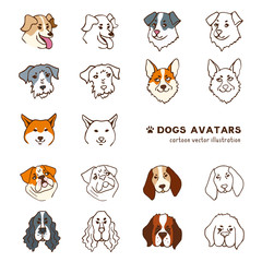 Dog head avatars. Different breeds. Funny cartoon illustration. 