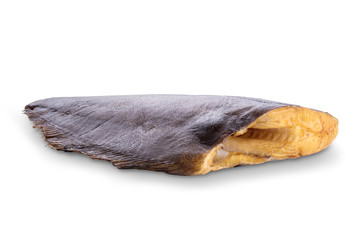 cold smoked halibut fish with skin on white background