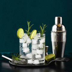 classic gin and tonic cocktail with rosemary sprigs in tall glasses on a table with bar accessories