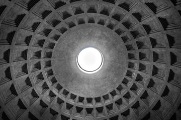 The concentric circle ceiling pattern of the Pantheon, a former Roman temple and now a church, in Rome, Italy, 