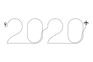 2020 Airplane dotted line path. New Year air plane route, line way. Vector illustration.