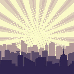 Pop art city silhouette with sun rays halftone background. Comic colorful cityscape. Vector illustration.