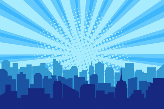 Comic city silhouette with sun rays halftone background. Pop art cityscape in blue colors with comics backdrop. Vector illustration.