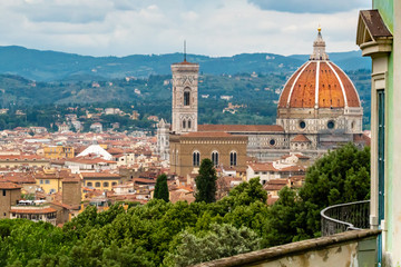 Fototapeta na wymiar View of the Duomo, at the Florence Cathedral, as viewed from a nearby hillside. 