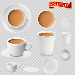 3d realistic cocoa drink coffee in white cups view from the top and side. Cocoa drink coffee in white paper Cups.