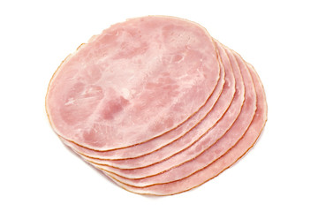Sliced boiled ham sausage, close-up, isolated on white background