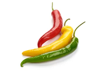 Fotobehang Chili Pepers Red hot chili peper mix, close-up, geïsoleerd op een witte achtergrond  © GSDesign