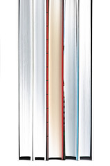 The ends of the books standing vertically on white background