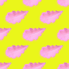 Neon illustrated seamless pattern with pink leaves on yellow background