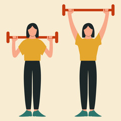 Overhead press. Top body workout. Upper body exercises. Flat vector illustration