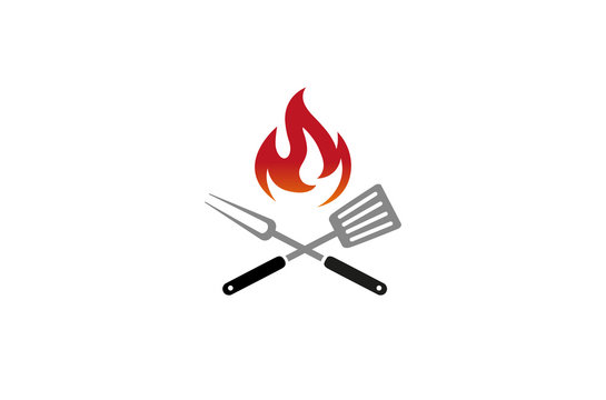 Creative Barbecue Kitchen Utensils Fire Logo Design Symbol Vector Illustration