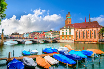 Beautiful river Limmat and city center of Zurich, Switzerland