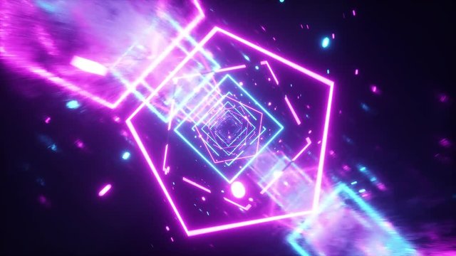 Crazy flight in a retro futuristic space through neon glowing figures in the style of the 80s. 360 degree camera rotation. Seamless loop 3d animation