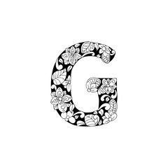 Floral letter outline illustration. Alphabet symbol for coloring book or laser cutting. Leaves, flowers, petals doodle drawing. Monochrome linear blossom. Monogram with black and white batik texture