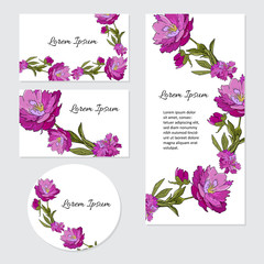 Set of cards with peony flowers. Wedding ornament concept. Botanical floral cards. 
